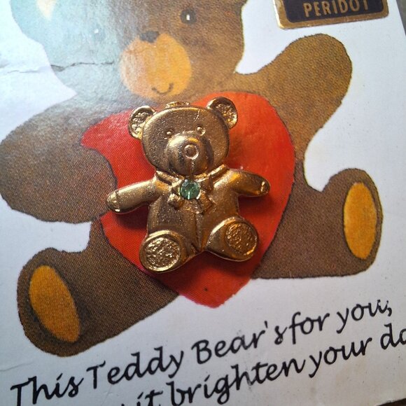 Gold Tone Teddy Bear Brooch Pin Peridot August Green Gemstone Accent‎ Vintage - Picture 2 of 4